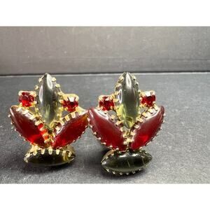 Vintage Juliana D&E Red and Smoked Glass Marquise Rhinestone Clip On Earrings
